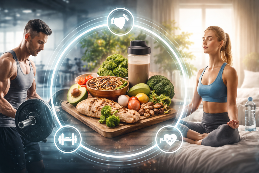 Das Bild zeigt einen Mann beim Fitnesstraining und eine Frau beim Yoga. In der Mitte zeigt es ein Tablet mit gesunden Nahrungsmitteln und einen Kreis darum, der die Beziehung zwischen Fitness, Ernährung und Regeneration darstellen soll.