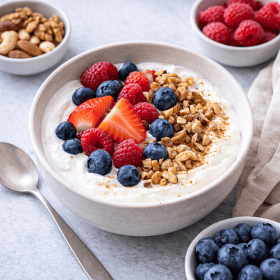 Proteinreicher Joghurt mit Erdbeeren, Blaubeeren und Himbeeren, garniert mit gehackten Nüssen und Zimt in einer hellen Keramikschüssel auf neutralem Untergrund.