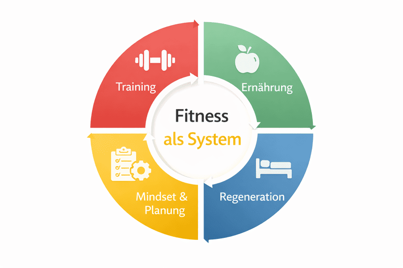 Fitness funktioniert nicht isoliert. Erst wenn Training, Ernährung, Regeneration sowie Mindset & Planung gezielt zusammenspielen, entsteht ein nachhaltiges System, das langfristige Erfolge ermöglicht. Diese Grafik zeigt übersichtlich, wie die vier zentralen Säulen ineinandergreifen und warum fehlende Balance häufig zu Stagnation, Überlastung oder Demotivation führt. Grafische Darstellung eines Fitness-Systems mit vier Segmenten: Training, Ernährung, Regeneration sowie Mindset und Planung, die kreisförmig um den zentralen Begriff „Fitness als System“ angeordnet sind und das Zusammenspiel aller Komponenten verdeutlichen.