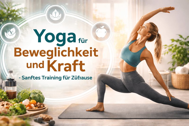 Frau praktiziert Yoga für Beweglichkeit und Kraft in einem hellen Wohnzimmer – sanftes Yoga Training für Zuhause zur Förderung von Mobilität und Stabilität