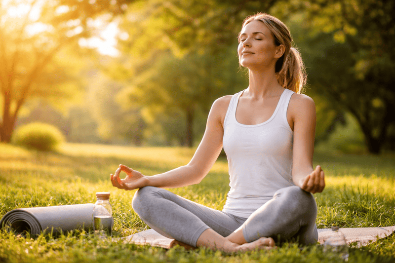 Frau bei aktiver Entspannung im Freien während einer ruhigen Atem- und Meditationspause als Beispiel für Stressmanagement und Regeneration im ganzheitlichen Fitness-System.
