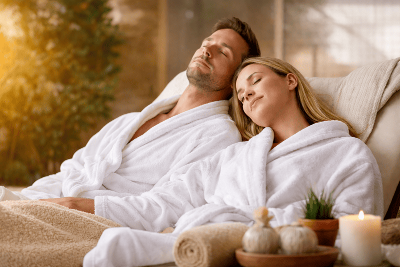 Entspanntes Paar im Wellness-Ruheraum als Symbol für passive Regeneration, Erholung und Stressreduktion im ganzheitlichen Fitness-System.