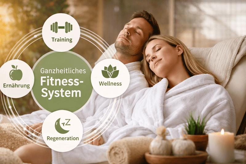 Entspannendes Wellness-Szenario mit einem Paar im Ruheraum, kombiniert mit grafischer Darstellung eines ganzheitlichen Fitness-Systems aus Training, Ernährung, Wellness und Regeneration.