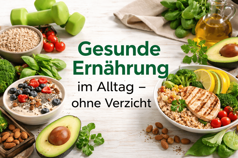 Gesunde Ernährung im Alltag mit ausgewogenen Mahlzeiten aus Protein, Gemüse, Vollkorn, Beeren und gesunden Fetten als Grundlage für Energie, Regeneration und Leistungsfähigkeit