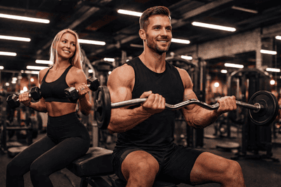 Mann und Frau beim gemeinsamen Krafttraining im Fitnessstudio als Symbol für strukturiertes Training, Muskelaufbau und nachhaltige Fitness im Cash4Fitness System.
