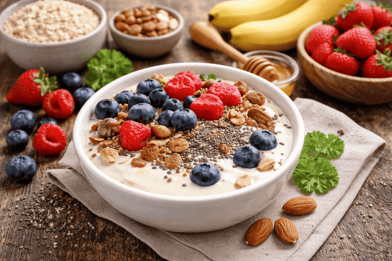 Joghurt-Bowl mit Beeren und Nüssen als ausgewogene Mahlzeit im Alltag Joghurt-Bowl mit Beeren, Nüssen und Samen als ausgewogene Mahlzeit für Energie, Regeneration und Leistungsfähigkeit im Alltag