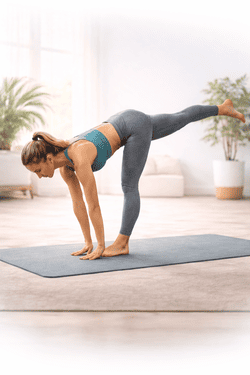 Yoga Übung: Einbeinstand mit Vorbeuge – Gleichgewicht, Beweglichkeit und Stabilität für Zuhause Frau führt die Yoga Übung „Einbeinstand mit Vorbeuge“ auf einer Yogamatte im Wohnzimmer aus – sanftes Yoga Training für Gleichgewicht und Beweglichkeit zuhause