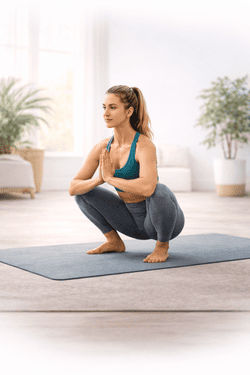 Yoga Übung: Tiefe Hocke – funktionelle Beweglichkeit und Stabilität für Zuhause Frau führt eine tiefe Hockposition auf einer Yogamatte im Wohnzimmer aus – sanftes Yoga Training zur Verbesserung von Beweglichkeit und Stabilität zuhause