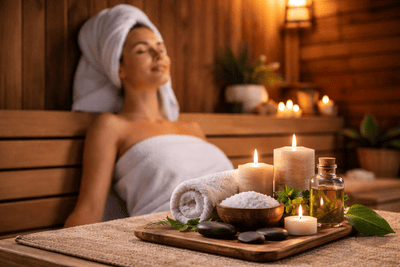 Sauna- und Wellness-Szene mit Kerzen, Handtuch und Spa-Accessoires als Symbol für Regeneration, Entspannung und Erholung im Cash4Fitness System.
