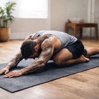 Mann führt eine Mobilitäts- und Dehnübung auf der Trainingsmatte aus – gezieltes Mobility-Training zur Verbesserung der BeweglichkeitMann führt eine Mobilitäts- und Dehnübung auf der Trainingsmatte aus – gezieltes Mobility-Training zur Verbesserung der Beweglichkeit