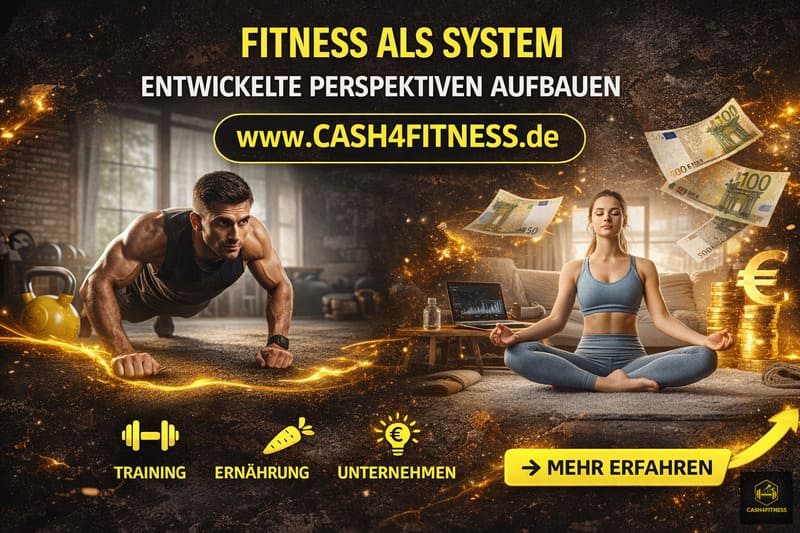 Social-Media-Grafik von Cash4Fitness mit Fitness-Motiven, Training, Ernährung, Mindset und dem Systemansatz „Fitness als System“ inklusive Website cash4fitness.de