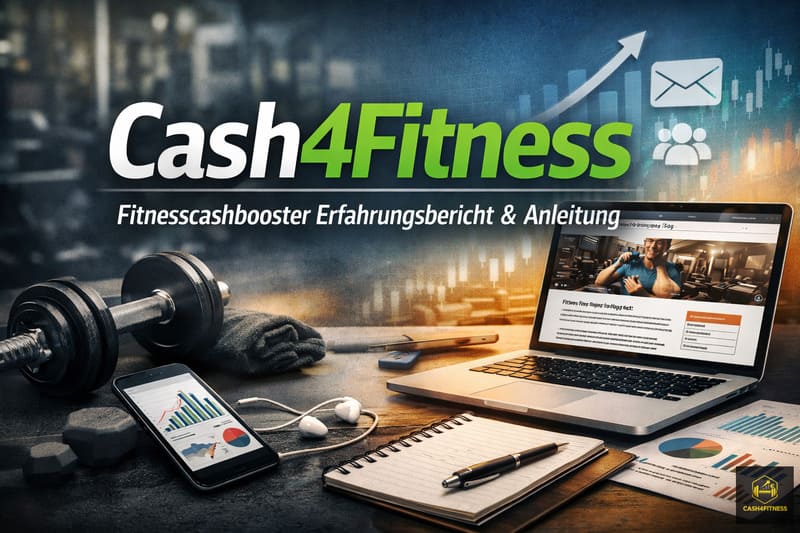 Beitragsbild zum Erfahrungsbericht über Cash4Fitness und den Fitnesscashbooster mit Fitness-Equipment, Laptop und Business-Elementen