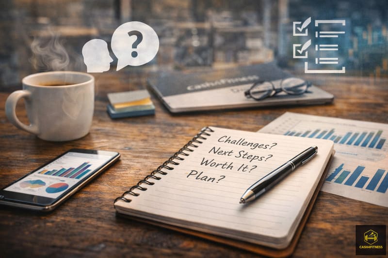 Arbeitsplatz mit Notizen und Diagrammen zur Reflexion über Chancen und Herausforderungen eines Fitness-Online-Business