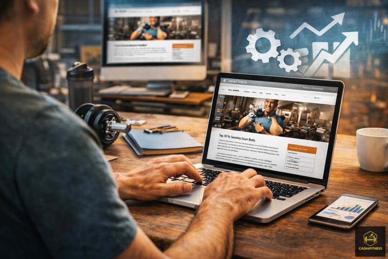 Arbeit an einem Fitness-Online-Business mit Laptop, Trainingszubehör und Website im Homeoffice