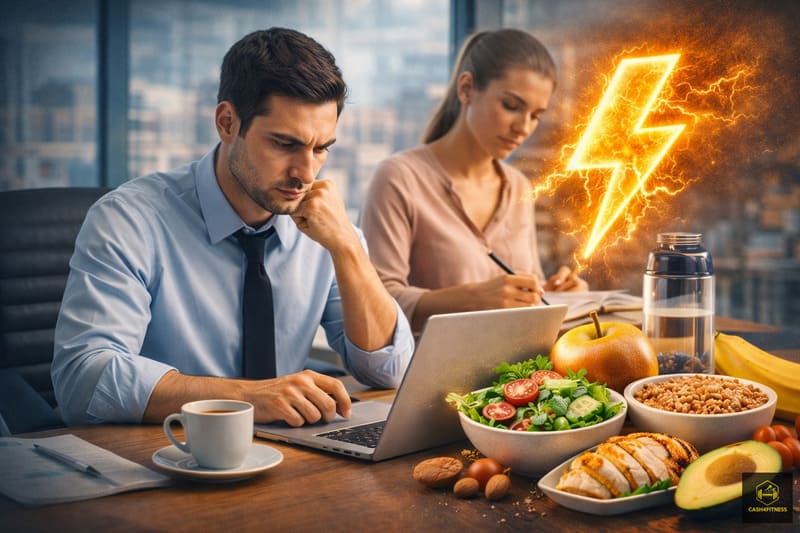 Zwei Erwachsene arbeiten konzentriert im Büro mit ausgewogener Mahlzeit auf dem Tisch als Symbol für Energieversorgung durch Ernährung im Alltag