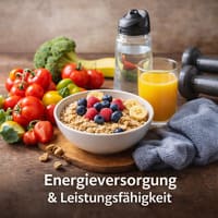 Ausgewogene Mahlzeit mit Obst, Haferflocken und Trainingsutensilien als Symbol für Energieversorgung und Leistungsfähigkeit im Fitness-System