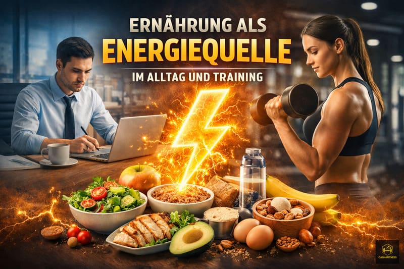Ernährung als Energiequelle dargestellt durch Alltagsszene, Training und ausgewogene Lebensmittel im Fitness-System