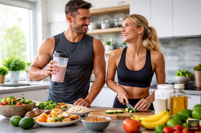 Zwei Erwachsene bereiten gemeinsam eine ausgewogene Mahlzeit in der Küche zu als Beispiel für Ernährung im Fitness-System im Alltag