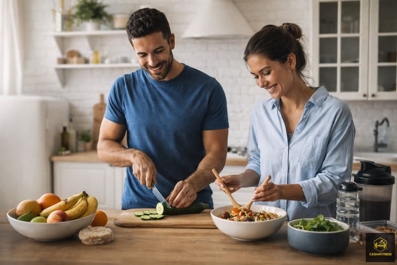 Alltagsszene zu Fitness-Grundlagen: Ein Mann und eine Frau bereiten gemeinsam in einer hellen Küche eine ausgewogene Mahlzeit zu. Das Bild zeigt, wie Ernährung, Routinen und gemeinsames Handeln alltagstauglich in ein langfristiges Fitness-System integriert werden können.