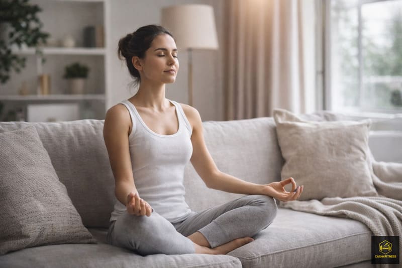 Regenerationsszene zu Fitness-Grundlagen: Eine Frau sitzt entspannt im Schneidersitz auf einem Sofa und meditiert in ruhiger Wohnatmosphäre. Das Bild verdeutlicht die Bedeutung von Erholung, Stressreduktion und mentaler Ruhe als festen Bestandteil eines langfristig funktionierenden Fitness-Systems.