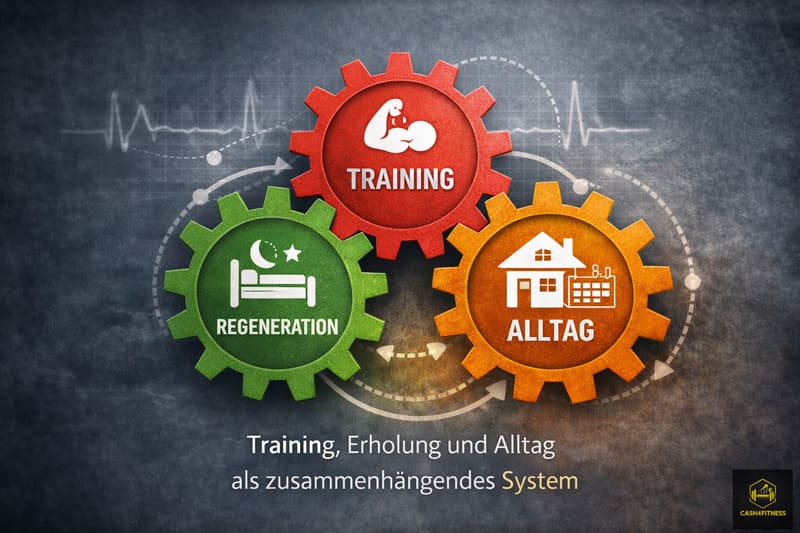 Grafische Darstellung zu Fitness-Grundlagen: Drei miteinander verbundene Zahnräder symbolisieren Training, Regeneration und Alltag als zusammenhängendes System. Die Grafik verdeutlicht, dass langfristiger Trainingserfolg nur durch das Zusammenspiel von Belastung, Erholung und alltagstauglicher Struktur entsteht.