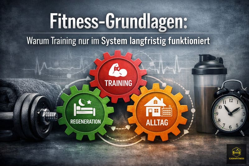 Titelbild zum Artikel Fitness-Grundlagen: Darstellung eines systemischen Fitness-Konzepts mit Training, Regeneration und Alltag als miteinander verbundene Zahnräder, ergänzt durch Hantel, Trinkflasche und Wecker