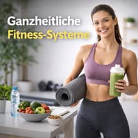 Sportliche Frau hält Yogamatte und grünen Smoothie in einem Home-Gym, mit eingeblendetem Kategorienamen Ganzheitliche Fitness-Systeme