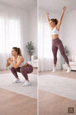 Frau führt einen Kniebeuge-Sprung (Squat Jump) im Homeworkout ohne Geräte aus – dynamisches Beintraining auf kleinem Raum