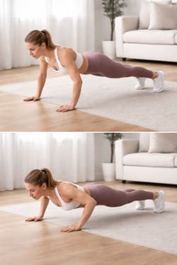 Frau führt einen Liegestütz im Homeworkout ohne Geräte aus – effektives Krafttraining auf kleinem Raum