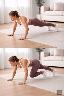 Frau führt Mountain Climbers im Homeworkout ohne Geräte aus – dynamisches Ganzkörpertraining auf kleinem Raum