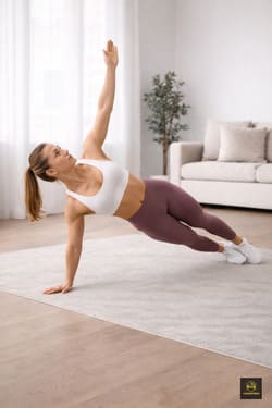 Frau hält den Seitstütz im Homeworkout ohne Geräte – effektives Training für seitliche Rumpfstabilität auf kleinem Raum