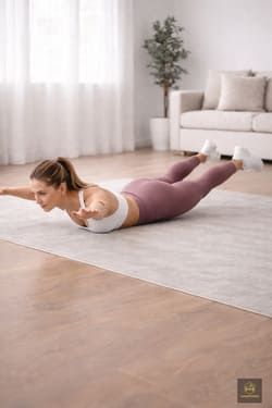Frau hält den Superman Hold im Homeworkout ohne Geräte – gezieltes Training der Rückenstrecker auf kleinem Raum