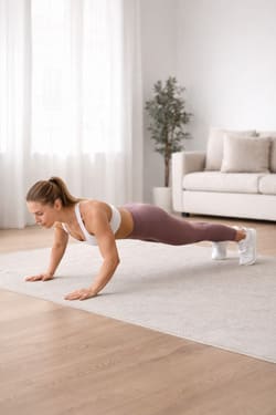 Frau hält den Unterarmstütz im Homeworkout ohne Geräte – effektives Rumpf- und Stabilitätstraining auf kleinem Raum