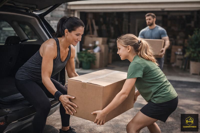 Krafttraining im Fitness-System: Frau und Kind heben gemeinsam eine schwere Umzugskiste aus einem Auto als Symbol für funktionelle Stärke und alltagstaugliche Belastbarkeit