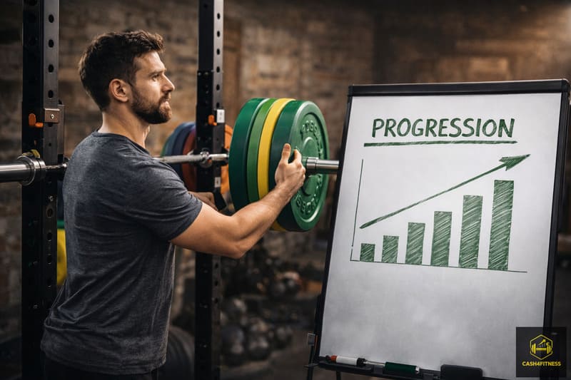 Krafttraining im Fitness-System: Mann steckt zusätzliche Gewichtsscheiben auf eine Langhantel im Gym als Symbol für strukturierte Progression und systematische Belastungssteigerung