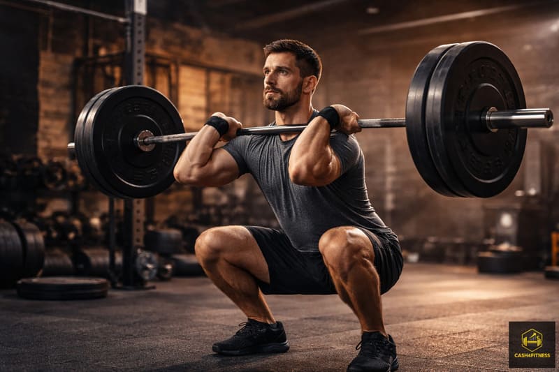 Krafttraining im Fitness-System: Mann führt eine kontrollierte Frontkniebeuge mit Langhantel im Gym aus als Symbol für strukturelle Stärke, Stabilität und funktionelle Ganzkörperbelastung