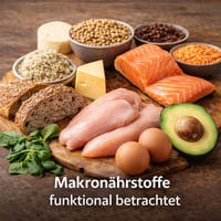 Auswahl protein-, kohlenhydrat- und fettreicher Lebensmittel als Darstellung von Makronährstoffen in funktionaler Betrachtung