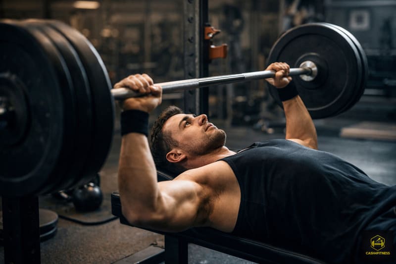 Mann führt eine kontrollierte Bankdrückübung mit Langhantel im Fitnessstudio aus als Symbol für Progression im Krafttraining, strukturierte Belastung und physiologische Anpassung