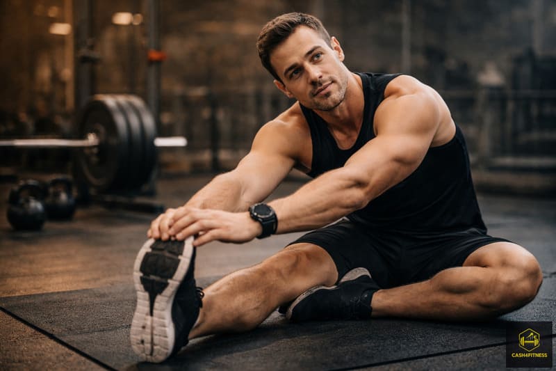 Sportlicher Mann dehnt sich nach dem Training auf einer Gymnastikmatte im Fitnessstudio als Symbol für Regeneration, Balance und nachhaltige Progression im Krafttraining