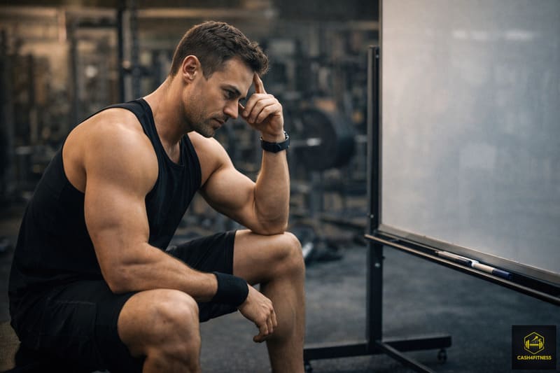 Mann sitzt nachdenklich auf einer Trainingsbank im Fitnessstudio und blickt auf ein Whiteboard als Symbol für Trainingsplateau und Analyse im Progressionsprozess des Krafttrainings