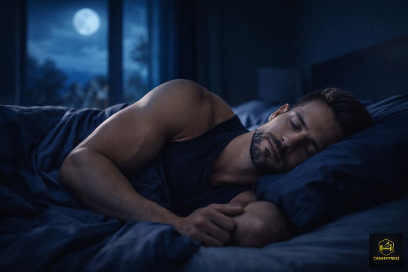 Schlafender sportlicher Mann bei Nacht als Symbol für Regeneration, Stressreduktion und neuronale Erholung nach dem Training