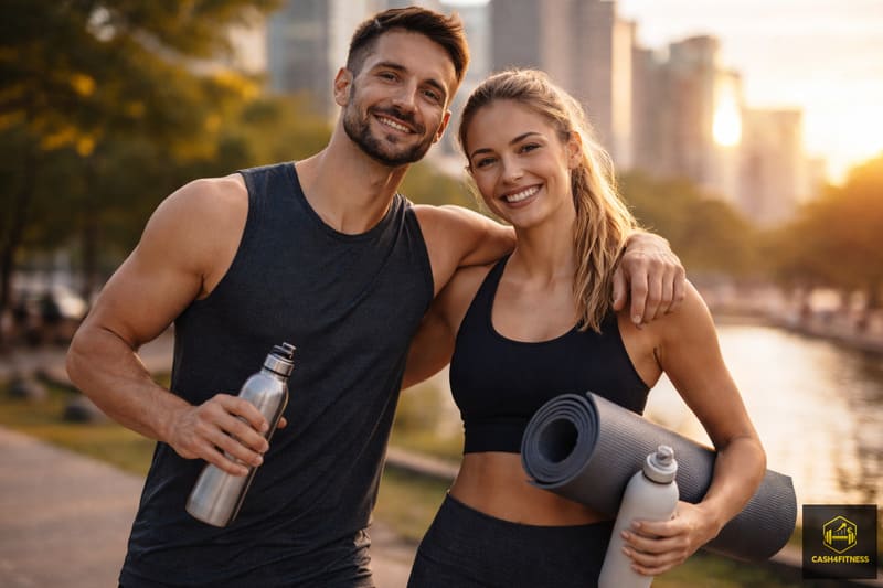 Entspanntes sportliches Paar nach dem Training als Symbol für Stressreduktion, Balance und nachhaltige Leistungsfähigkeit im Fitness-System