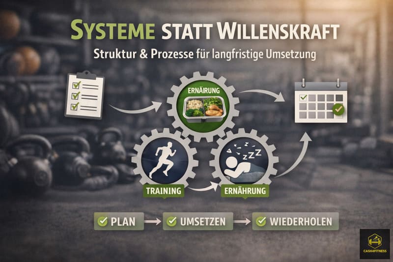 Systeme statt Willenskraft – Training, Ernährung und Regeneration im Zusammenspiel Systeme statt Willenskraft als visuelle Darstellung eines strukturierten Fitness-Systems, in dem Training, Ernährung und Regeneration als miteinander verbundene Prozesse gezeigt werden, die durch Planung, Umsetzung und Wiederholung langfristige Stabilität im Fitness-Alltag ermöglichen