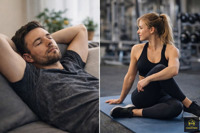 Splitbild mit Mann, der entspannt auf einem Sofa liegt, und Sportlerin, die leichte Dehnübungen auf einer Trainingsmatte ausführt – Beispiel für aktive und passive Regeneration nach dem Training im Fitness-System