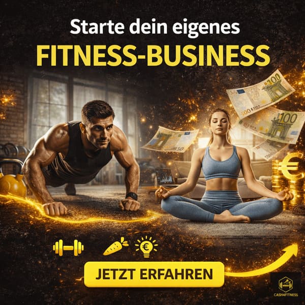 Motivierendes Cash4Fitness Werbebild zum FitnessCashBooster mit Athlet beim Training und Frau in Meditation, kombiniert mit Business- und Einkommenssymbolen. Call-to-Action „Jetzt erfahren“ für den Aufbau eines eigenen Fitness-Online-Business.