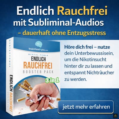Hand zerdrückt Zigaretten als Symbol für Rauchstopp und Nikotinsucht überwinden – Darstellung des Rauchfrei Booster Packs mit Subliminal Audios zur mentalen Unterstützung beim Nichtraucher werden