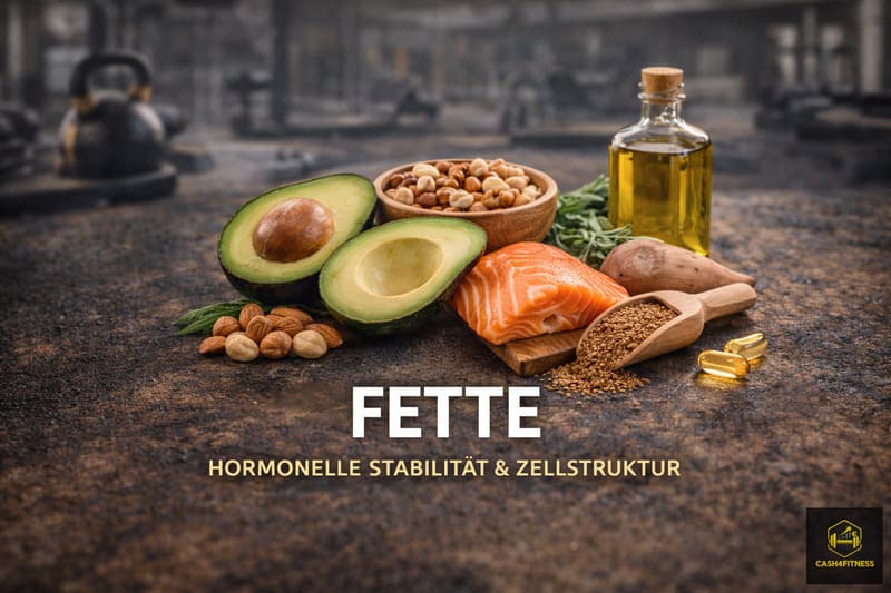 Avocado, Lachs, Nüsse, Olivenöl und Leinsamen auf dunkler Oberfläche mit Fitnessstudio-Hintergrund als visuelle Darstellung der Rolle von Fetten für hormonelle Stabilität und Zellstruktur im Fitness-System.