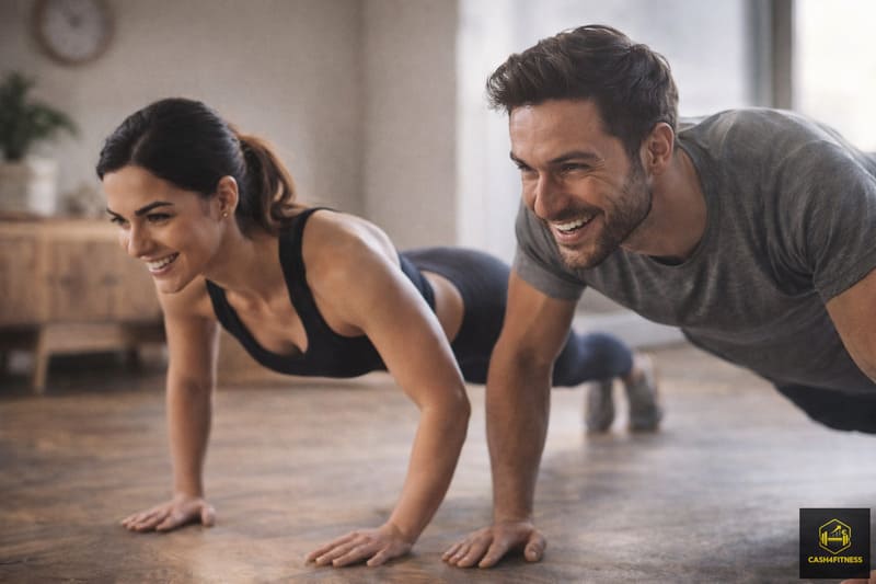 Zwei Personen machen Liegestütze beim Homeworkout im Wohnzimmer – Symbolbild für Fitness Gewohnheiten aufbauen durch kleine, regelmäßige Trainingseinheiten