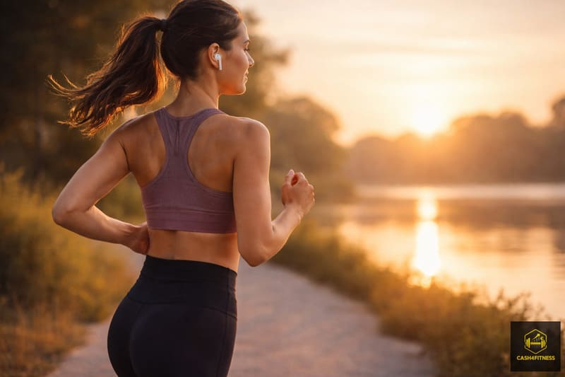 Sportlerin joggt bei Sonnenaufgang am Wasser – Symbolbild für Fitness Gewohnheiten aufbauen und langfristige Trainingsroutinen entwickeln. fitness-gewohnheiten-aufbauen-langfristige-routine