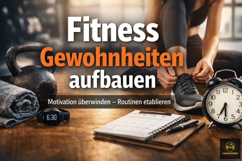 Sportlerin bindet ihre Schuhe im Fitnessstudio neben Trainingsplan, Uhr und Kettlebell – Symbolbild für Fitness Gewohnheiten aufbauen und Training als feste Routine im Alltag integrieren